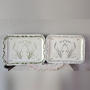 Set of Vintage metal trays wheat silver/white & green/white farmhouse lap trays